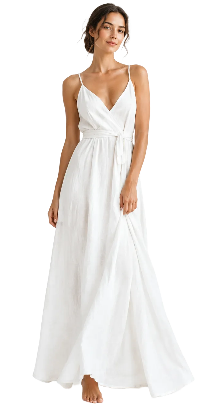 Woman in a flowing white linen dress