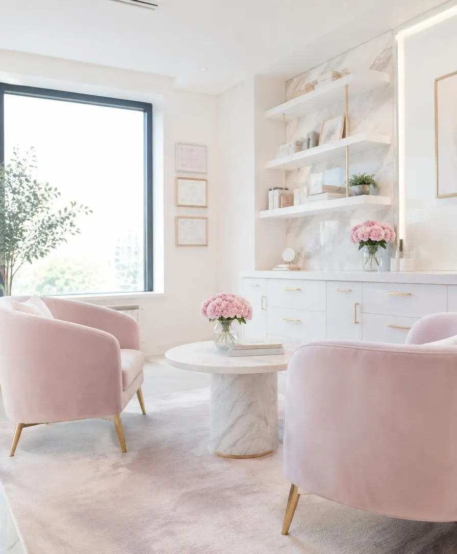 Bright consultation room with blush armchairs